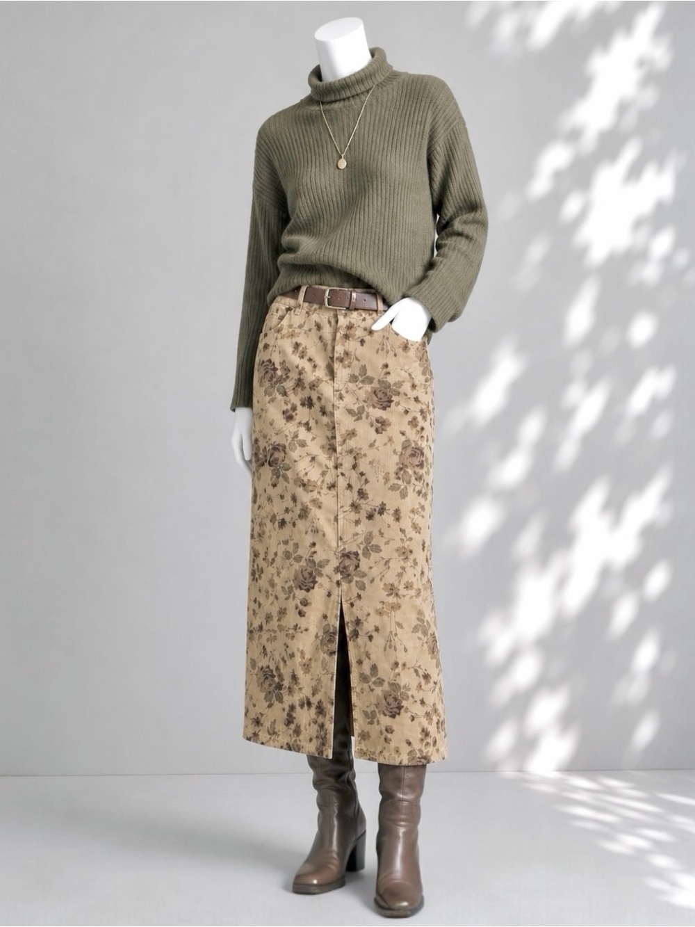 Vintage 90s Eddie Bauer Floral Corduroy Midi Skirt 16 Beige Cottagecore Grunge